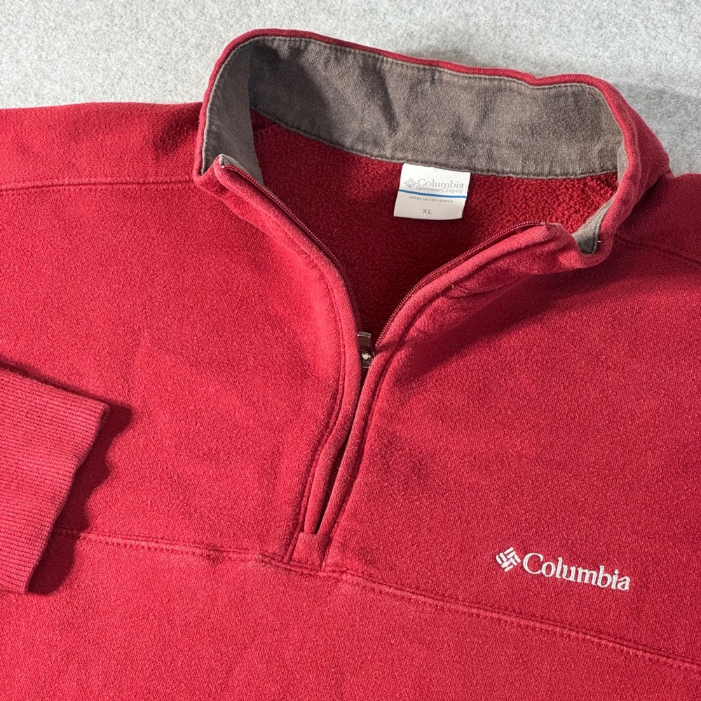 Columbia Mens XL Red Quarter Zip Fleece Pullover Mock Neck Sweater Logo